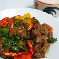Volcano Beef  · Stir fried beef with  fresh Thai chilis ,fresh garlic ,bell pepper, basil leaves. Real Thai ...