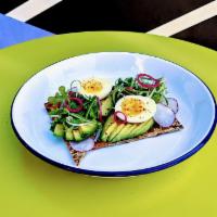 Avo Toast · seeded laffa flatbread, heaps of organic avocado, scallion, radish, organic egg, pickled sha...