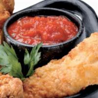 4 Chicken Tenders · Breaded and baked to perfection. Served with a choice of dipping sauce.