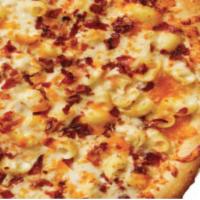 Mac and Cheese Pizza · Creamy white cheddar Mac and cheese, cheddar cheese, mozzarella cheese and bacon.