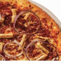 BBQ Chicken Pizza · A sweet barbecue sauce base, grilled chicken, red onions, crispy bacon with cheddar and mozz...