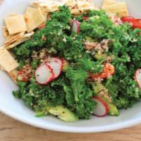 Mediterranean Kale & Quinoa Salad · Tomatoes, cucumber, vegan feta, mint, raddish, zaatar vinaigrette.