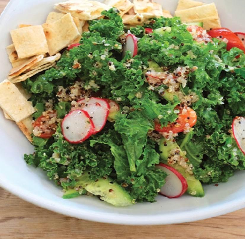 Mediterranean Kale & Quinoa Salad · Tomatoes, cucumber, vegan feta, mint, raddish, zaatar vinaigrette.