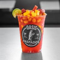Chamoyadas · Shaved ice, your choice of two fruits, chamoy,
key-lime, powdered chili, Japanese peanuts,
a...