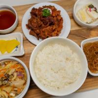 Spicy Pork Bulgogi Meal · Korean BBQ spicy pork with white rice. Side dish: pickled radish, japchae Korean noodles, fr...