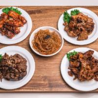 4 Meat Platter · Korean BBQ steak, Korean BBQ spicy pork, Korean BBQ chicken mild and spicy, with stir-fried ...