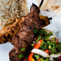 Mix Skewers 2 (Chicken & Steak) · Our signature pinchos (skewers) they come with 2 sides and pita bread.
