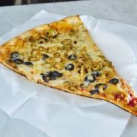 Olive Slice Pizza · Green or black olive with marinara sauce and mozzarella.