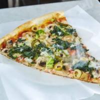 Vegetable Slice Pizza · Fresh olives, mushrooms, onions, peppers, broccoli, spinach, and mozzarella.