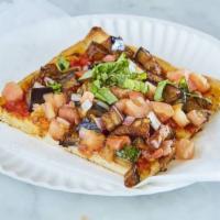 Fresca Slice Pizza · No cheese marinara sauce with roasted eggplant, zucchini, and fresh chopped tomato.