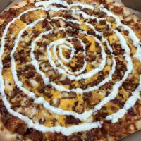 Chicken Bacon Ranch Pizza · BBQ sauce, chicken fingers, bacon, cheddar & mozzarella cheese, topped off with ranch dressi...