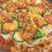 Chicken Fajita Pizza · Served with red & white sauce, mozzarella, cheddar, sweet peppers, onions, tomato & spicy ch...