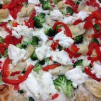 Mediterranean Pizza · A white garlic pizza with mozzarella, ricotta, artichokes, roasted red peppers and broccoli