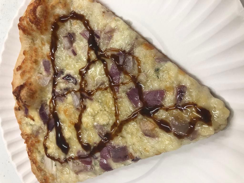 Red white and blue · Garlic sauce with blue cheese, mozzarella, red onions topped with dazzled balsamic glaze.
