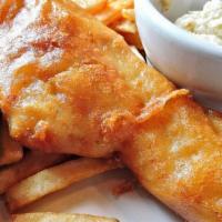 Daily Fish Fry · Golden fried beer-battered Icelandic haddock. Served with coleslaw, french fries, tartar sau...