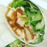 Buffalo Chicken Wrap · Chicken fingers dipped in your choice of sauce, bleu cheese & romaine lettuce.