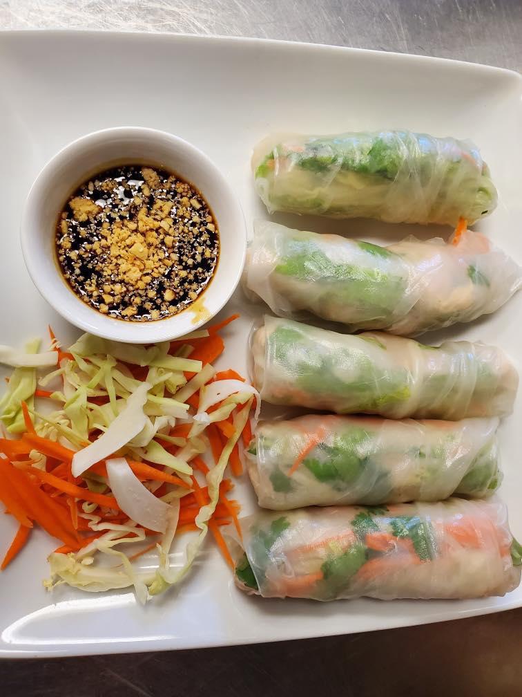 Fresh Spring Roll (5 pcs) · Chicken, shrimp, lettuce, noodles, and Thai herbs including mint, cilantro and basil wrapped in delicate rice paper, served with chili lime dipping sauce, topped with peanuts.