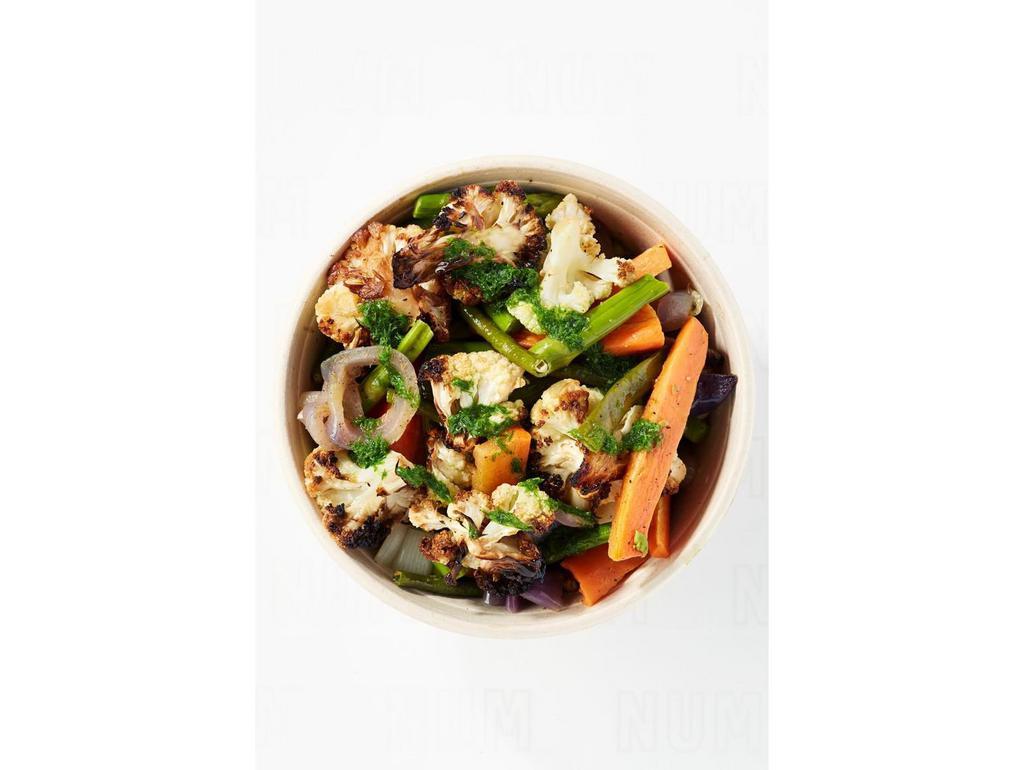 Grilled Seasonal Vegetables · Seasonal roasted vegetables, carrots, cauliflower, long beans and red onions in chive lime vinaigrette.