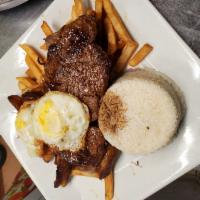 Bistek a lo Pobre · Fried steak, fried egg and French fries. Served with white rice.