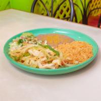 Chicken Carnitas · Chunks of chicken breast sautéed with green peppers and onions. Served with guacamole, rice,...