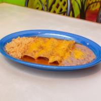 8. Three Enchilada Combination · Served with rice and beans.