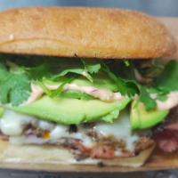 El Duderino · Sliced herb, chicken breast, homemade chorizo, jack cheese, fresh avocado, fresh cilantro an...