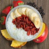 Tropical Sunrise · Acaí, mango, pineapple, and strawberry. Topped with: granola, banana, goji berries, and coc...