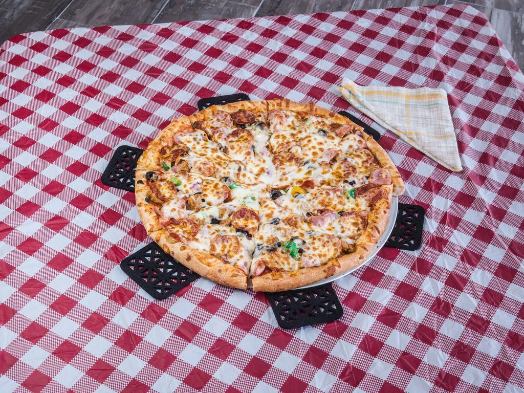 Meat Lover's Pizza · Pepperoni, ham, Canadian bacon, Italian sausage, meatballs, fresh garlic and mozzarella cheese.