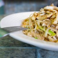 Pad Thai · Stir-fried thin rice noodle, egg, tofu, turnip, bean sprout, scallion, and peanut.