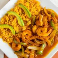 Camarones ala Diabla · Prawns with mushrooms, onions, and green bell peppers in a spicy sauce. Served with rice.