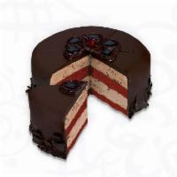 Raspberry Truffle Temptation Cake · Layers of moist red velvet cake, raspberry puree, and chocolate ice cream with chocolate sha...