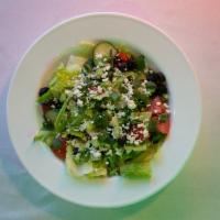 Greek Salad · Romaine lettuce, cucumber, tomatoes, black olives, green onions and feta cheese.