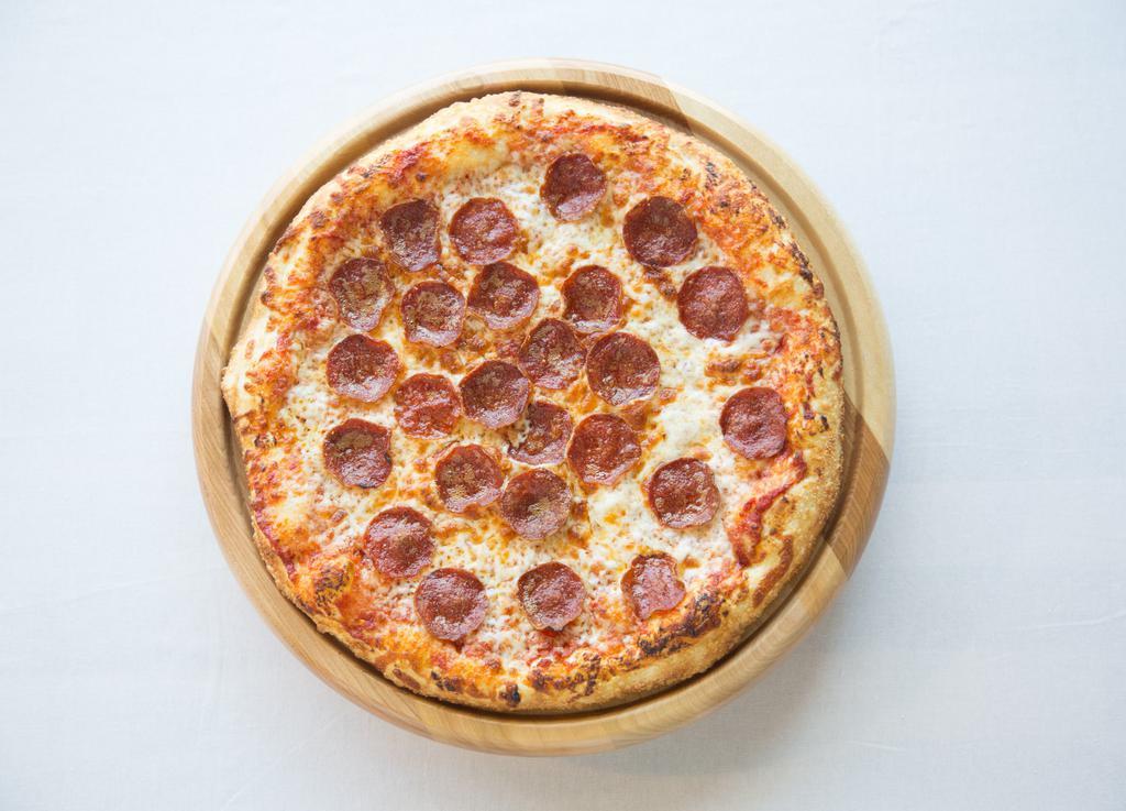 Pepperoni Pizza · Red sauce, mozzarella cheese and extra pepperoni.