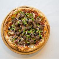 Nostra Combination Pizza · Red sauce, mozzarella cheese, pepperoni, mushrooms, black olives, red onions, bell pepper an...