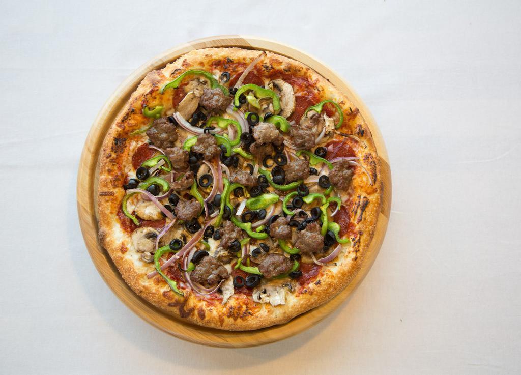Nostra Combination Pizza · Red sauce, mozzarella cheese, pepperoni, mushrooms, black olives, red onions, bell pepper and sausage.