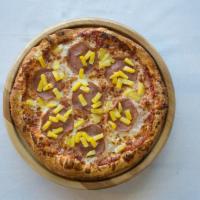 Hawaiian Pizza · Red sauce, mozzarella cheese, extra Canadian bacon and pineapple.