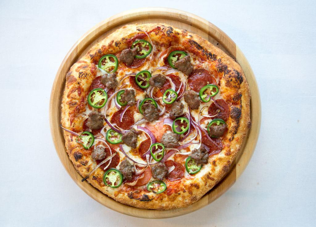 Pizza Picante · Spicy red sauce, mozzarella cheese, pepperoni, jalapeno, tomatoes, red onions, sausage. Spicy.