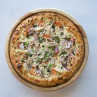 Garlic Chicken Pizza · Creamy garlic sauce, mozzarella cheese, grilled chicken, tomatoes, green onions, red onions,...