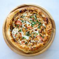 BBQ Chicken Pizza · BBQ sauce, mozzarella cheese, BBQ chicken, green onions, white onions, tomatoes.