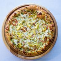 Pesto Chicken Pizza · Pesto sauce, mozzarella cheese, grilled chicken, feta, tomatoes, roasted garlic, artichoke h...