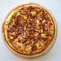 Maui Chicken Pizza · BBQ sauce, mozzarella cheese, BBQ chicken, crispy bacon, pineapple, red onions.