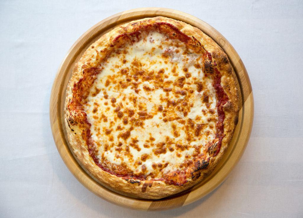 Cheese Pizza · Red sauce, olive oil, Parmesan cheese, extra mozzarella. Vegetarian.