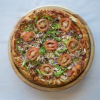 Nostra Vegetarian Pizza · Red sauce,  mozzarella cheese, tomatoes, bell pepper, feta, mushrooms, red onion. Vegetarian.