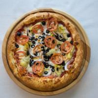 Bella Verdure Pizza · Red sauce, mozzarella cheese, artichoke heart, black olives, red onion, tomatoes, roasted ga...