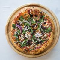 The Greek Pizza · Mozzarella cheese, Kalamata olives, spinach, tomatoes, red onion, feta, red or creamy garlic...