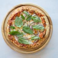 Pizza Amore · Red sauce, Parmesan cheese, mozzarella cheese, eggplant, roasted garlic, red onion, fresh ba...
