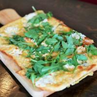 Four Cheeses · Mozzarella, provolone, Parmesan and Gorgonzola cheeses, topped with baby arugula