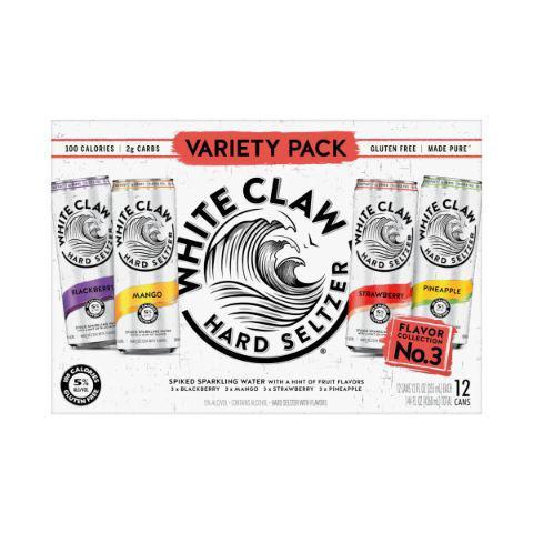 White Claw Hard Seltzer Variety 12 Pack 12oz Can · Crisp, refreshing White Claw in a variety pack. Contains Strawberry, Pineapple, Blackberry, and Mango flavors. 5% alcohol volume.