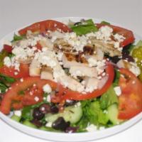 Mediterranean Salad · Grilled chicken breast, lettuce, tomato, cucumber, onion, olives, pepperoncini, and feta che...
