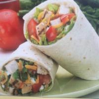 Mediterranean Salad Wrap · Chicken breast, lettuce, tomatoes, cucumbers, onions, black olives, fetta cheese and feta vi...
